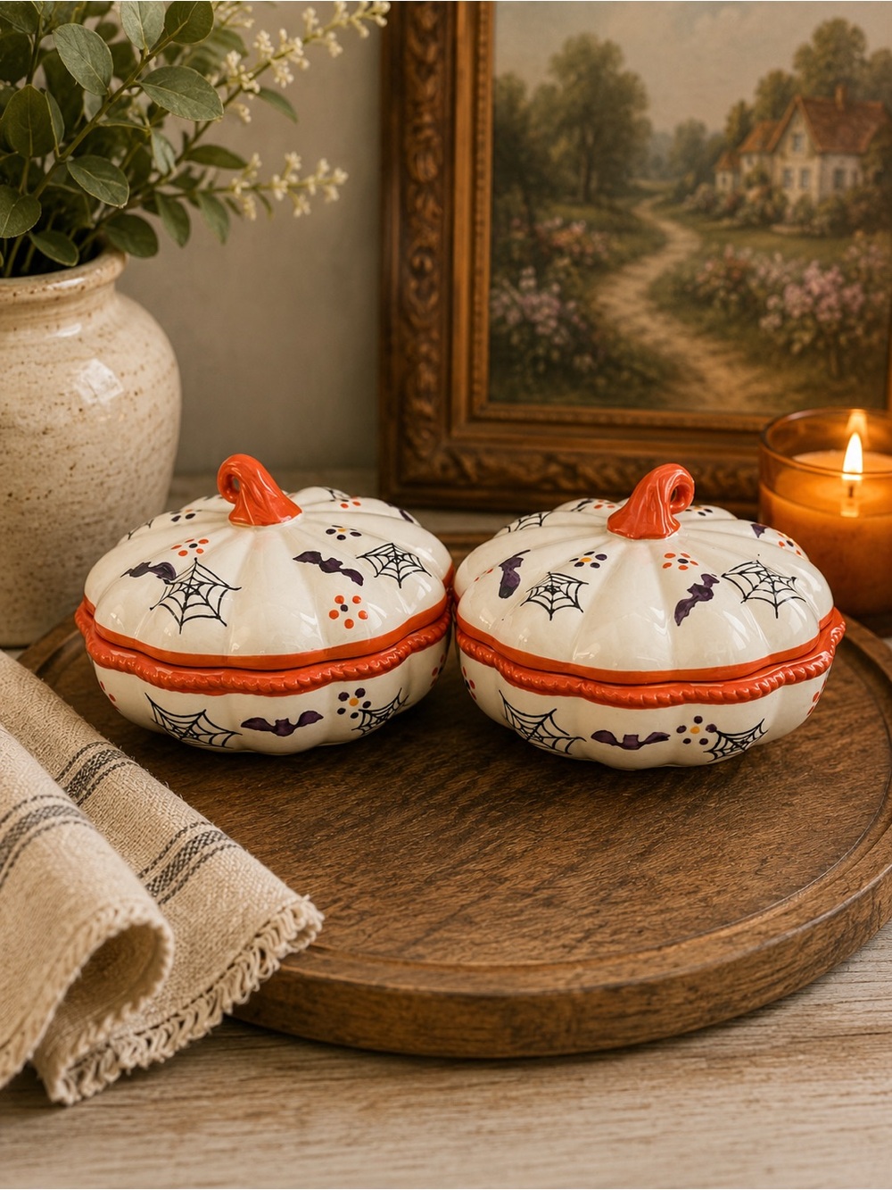 Ceramic Pumpkin Lidded Dish - Cream and Orange Halloween Accent